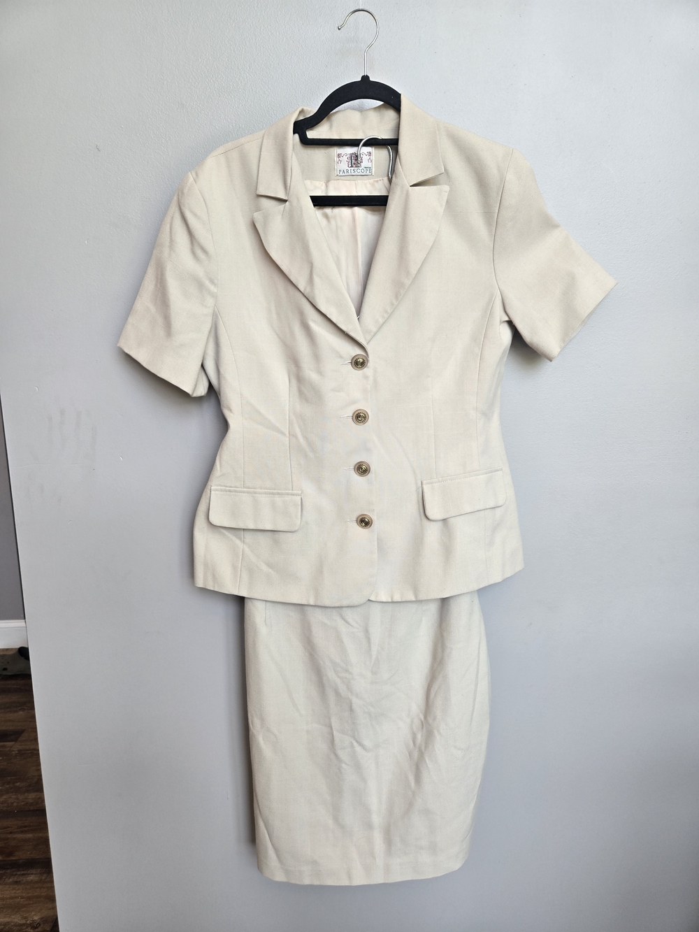 Vintage Pariscope Cream Beige Short Sleeve Blazer & Skirt Suit Set Size 11